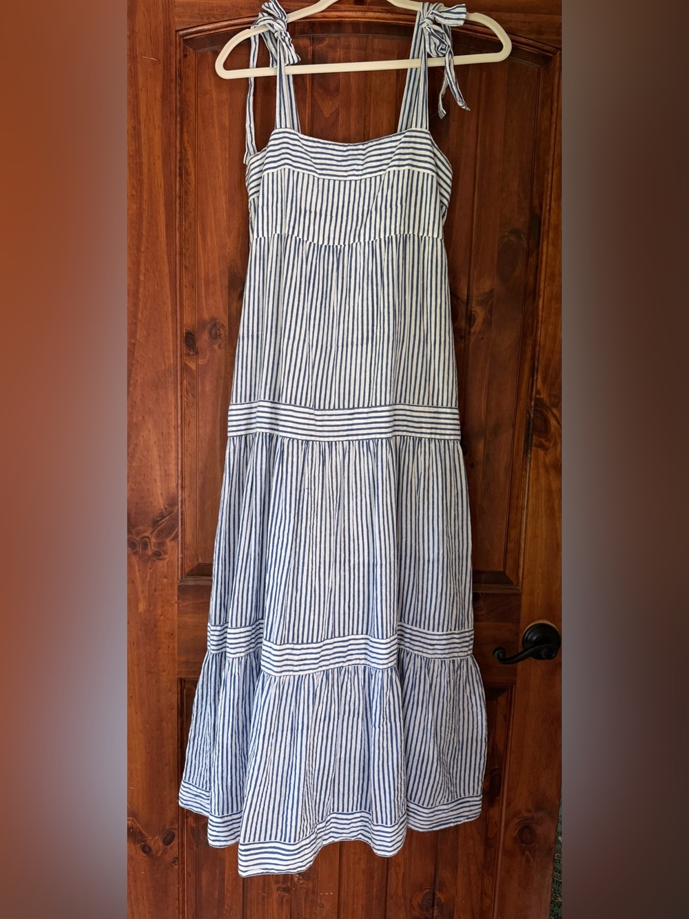 Striped Tie-Shoulder Maxi Dress in Blue and White